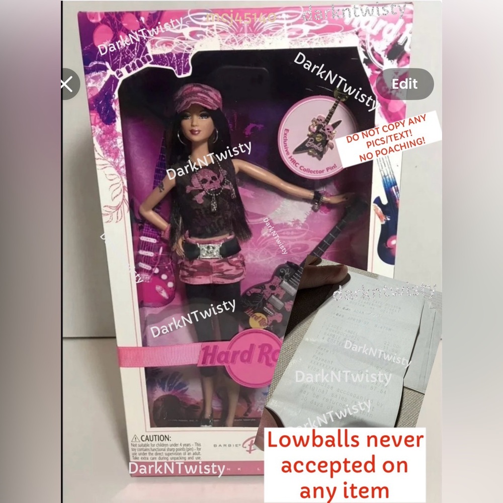 HTF W RARE SALES RECEIPT MIB Hard Rock Café Barbie w Exclusive Pin